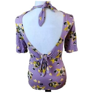 Free People Womens Medium Mod About You Top Open Back Lilac Purple Floral Blouse
